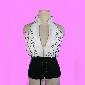 Y2K Body Central Black and White Halter Top with Corset Detail